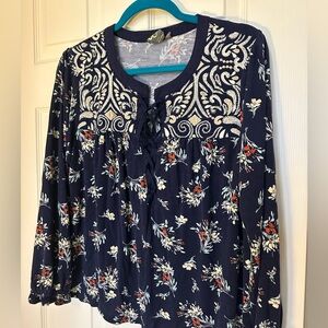 Floral Embroidered Navy Top Anthropologie L